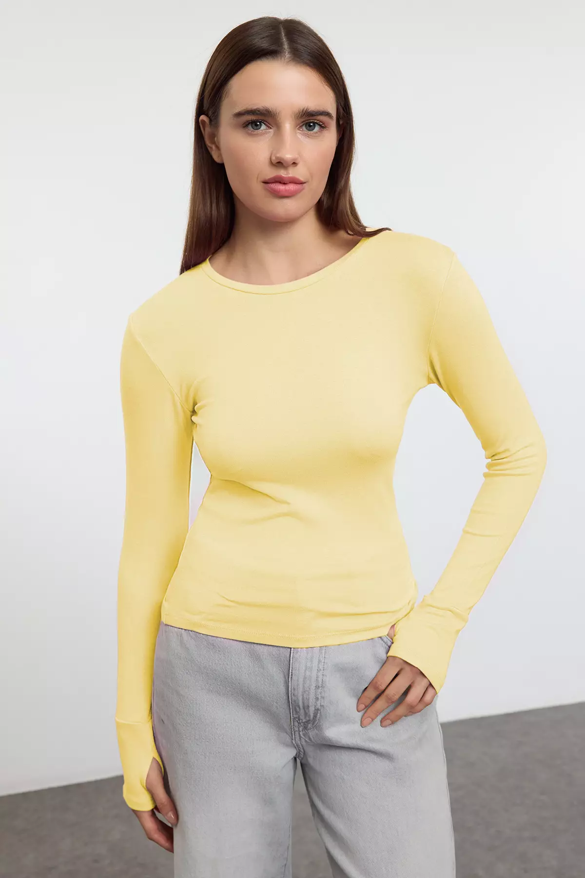 Yellow Viscose/Soft Fabric Finger-Touch Detailed Flexible Knitted Blouse Twoaw25Bz00014