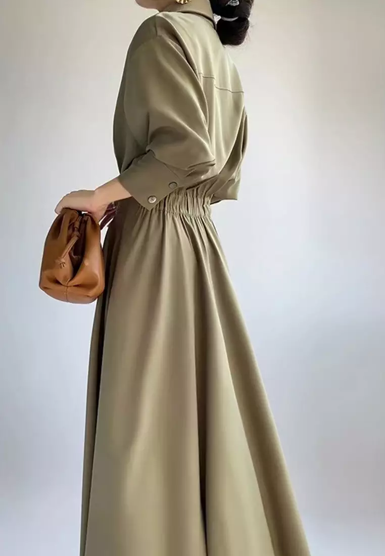 高腰翻領長袖連衣裙XHG-1138-1