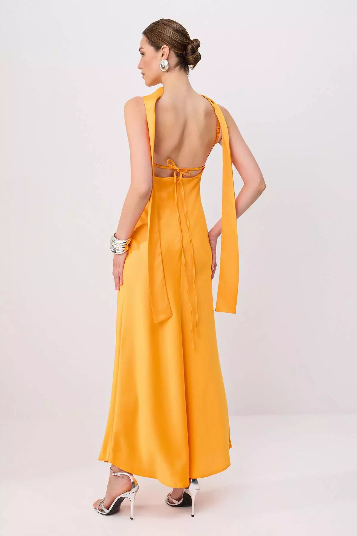 Orange Plain Scarf Woven Satin Maxi Lined Stylish/Evening Dress