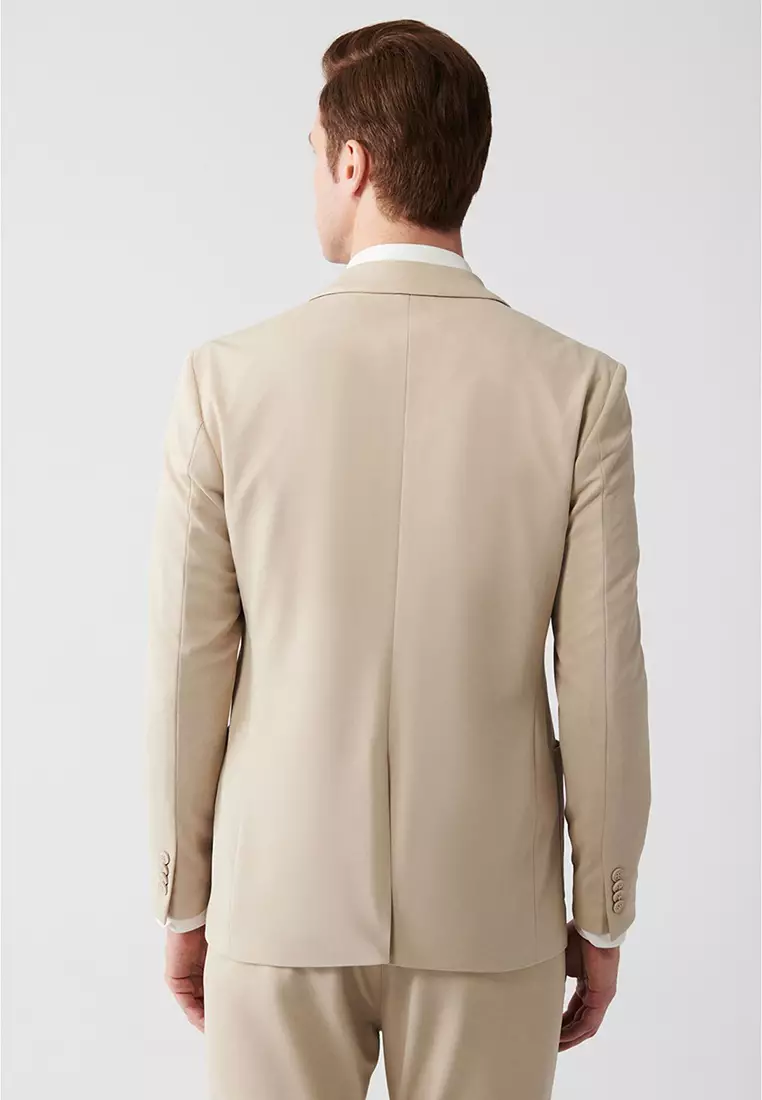 Men's Beige Mono Collar Lined Slit Jersey Fabric Jacket B004000