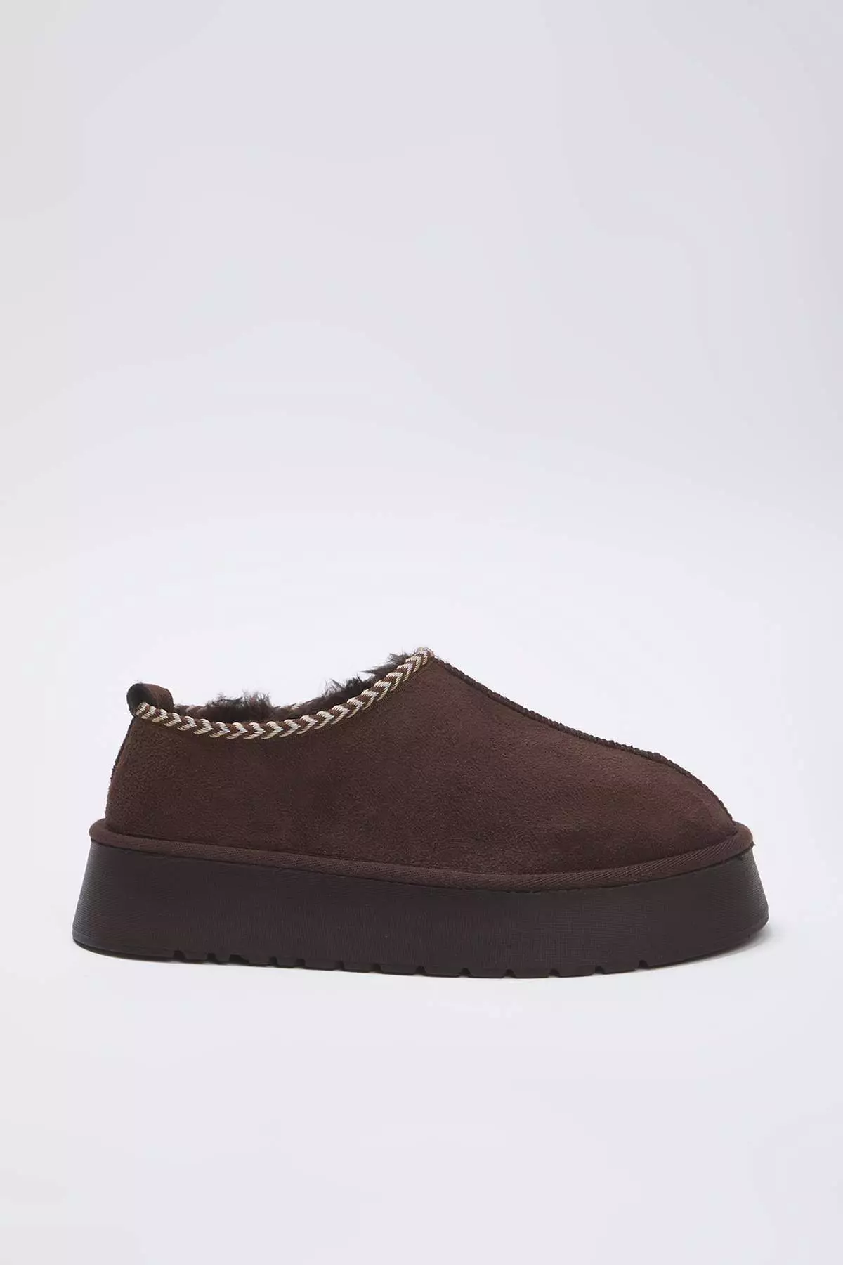 Dark Brown Embroidery Detailed Fur Lined Thick Sole Women'S Ankle Slippers Boots Takaw26Bo00003