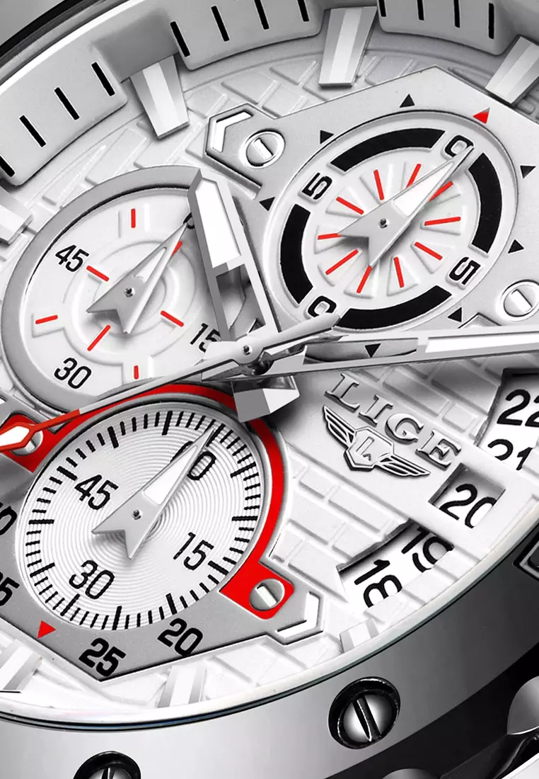 Chronograph Unisex Stainless Steel Quartz Watch, Black Bezel, White dial, Rubber and Metal Strap