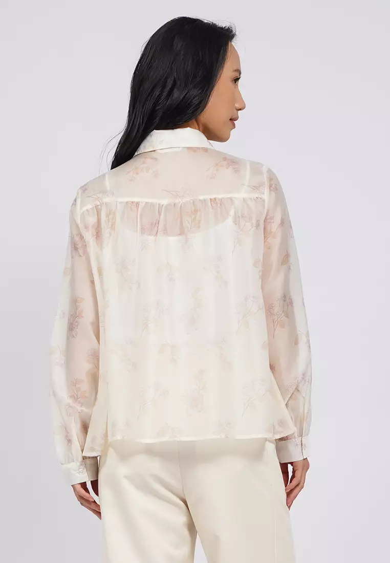 Embroidered Long Sleeve Sheer Blouse ECRU