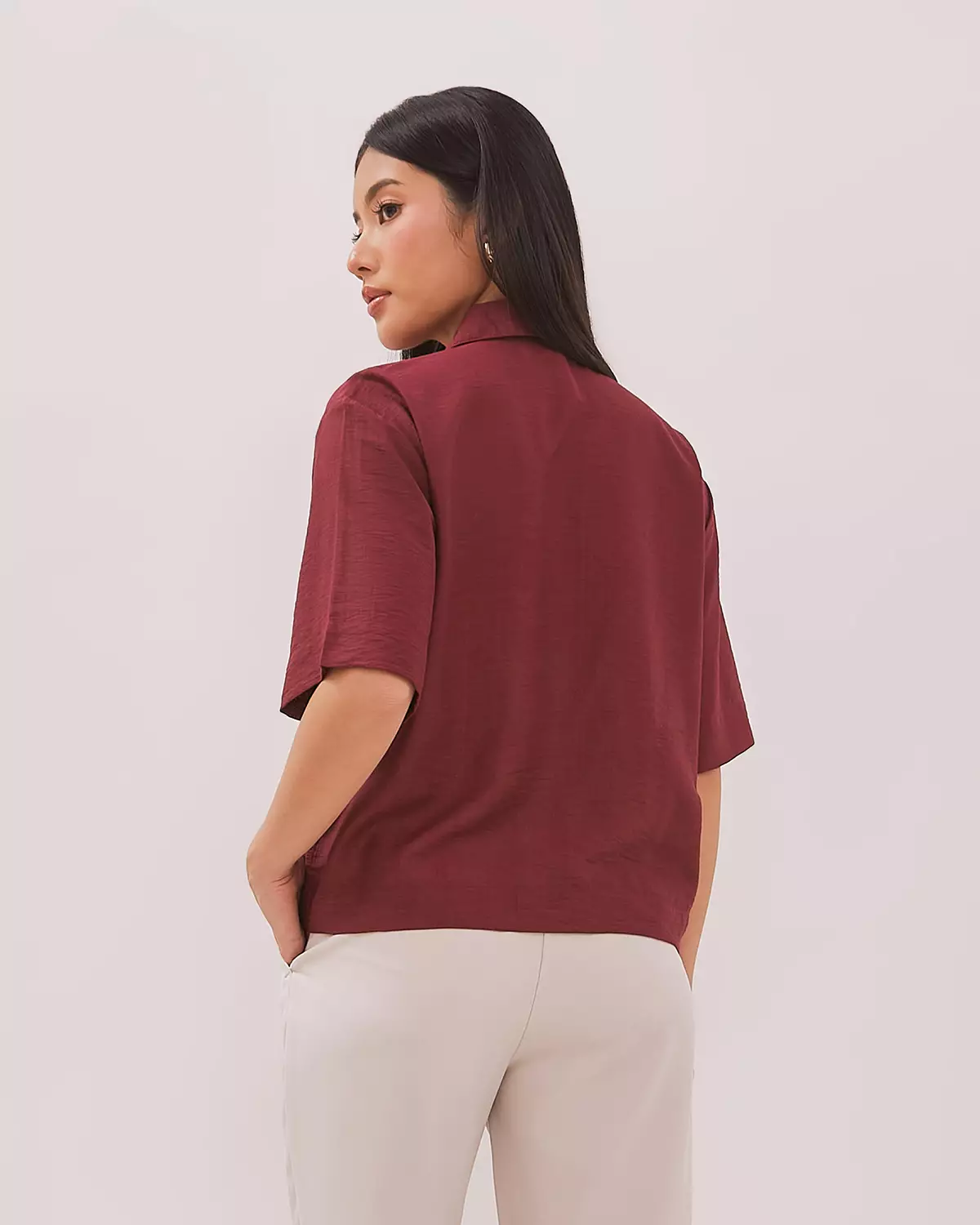 MAROON RED SHORT-SLEEVED BLOUSE FOR WOMEN