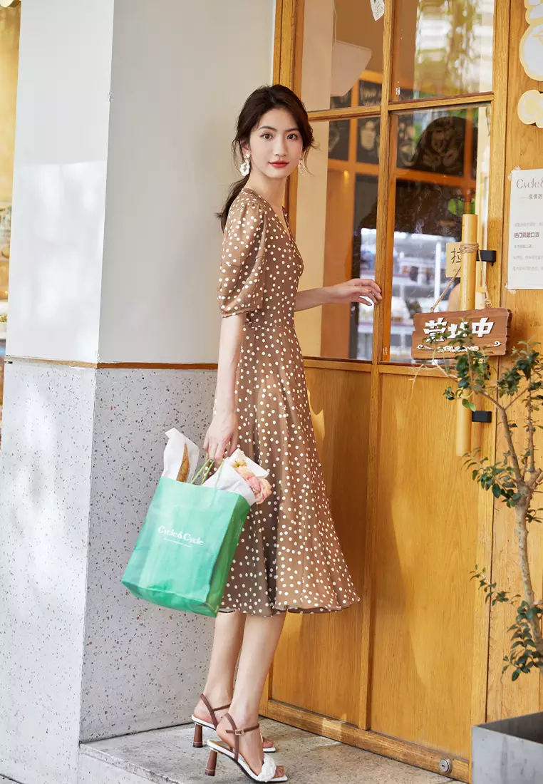 Puff Sleeve Summer Wrap Polka Dot Midi Dress