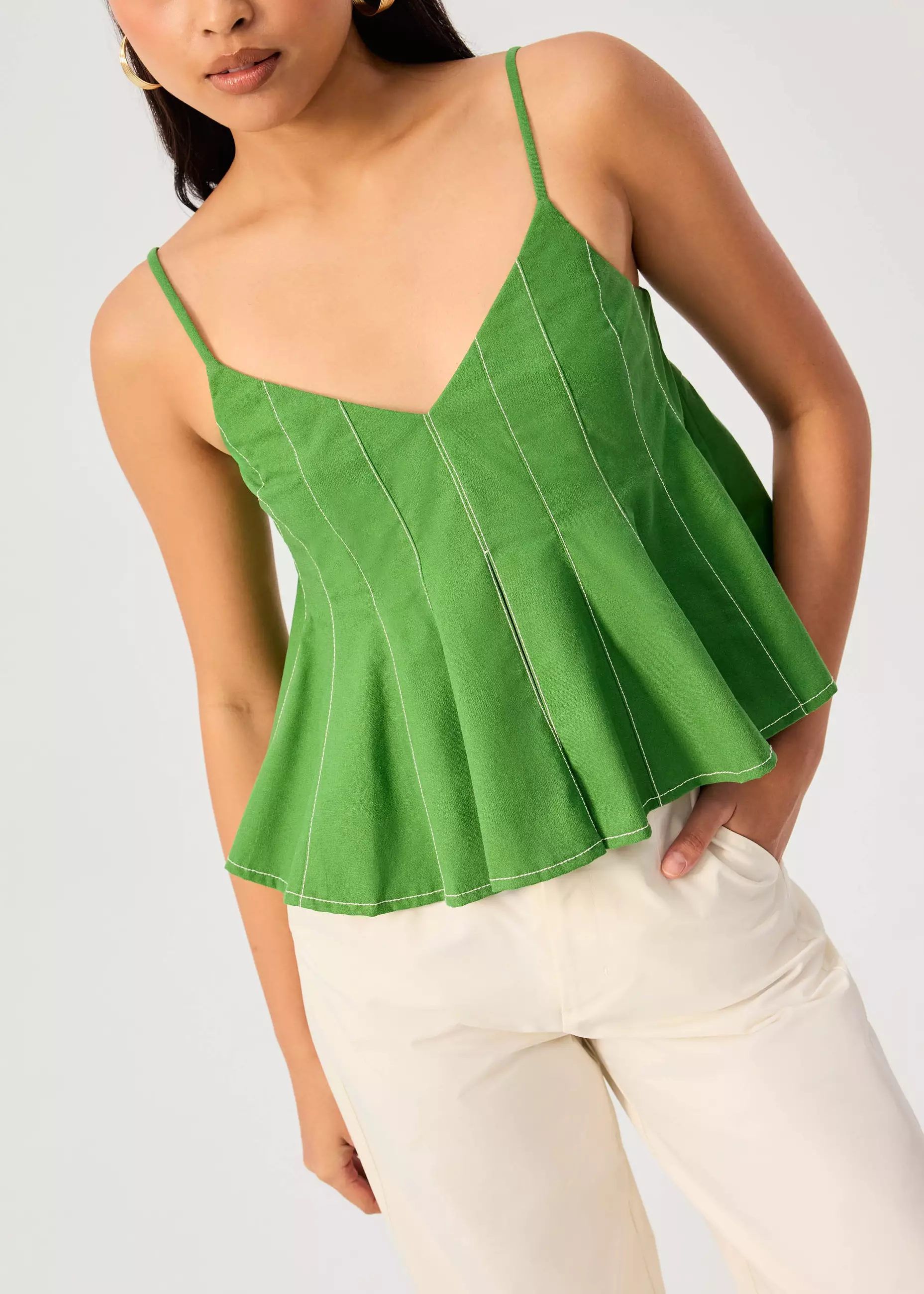 Atasan Wanita - Contrast Stitch V-neck Peplum Camisole Top
