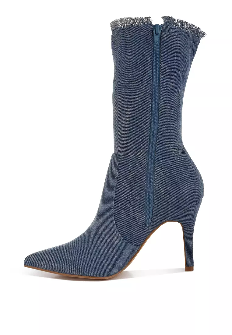 Distressed Denim Mid-Calf Boots in Denim