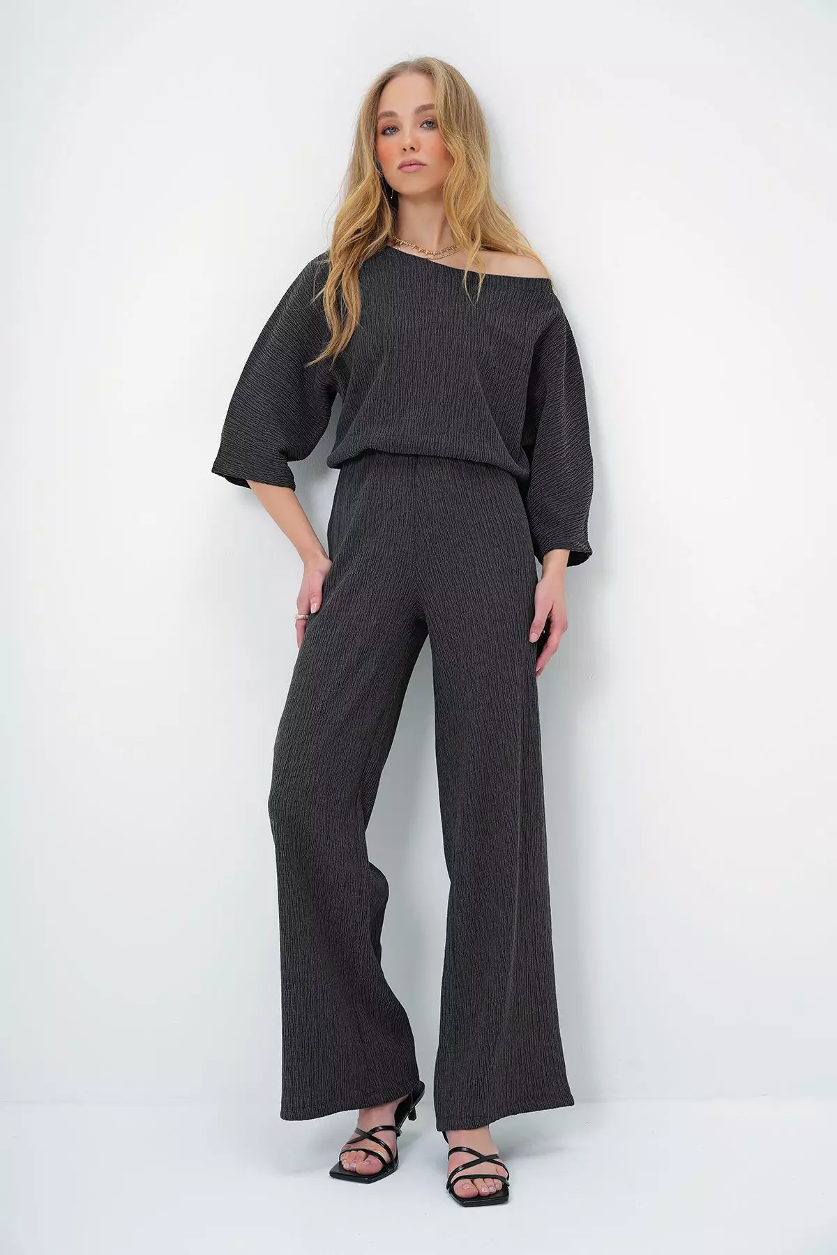 Women's Anthracite Boat Neck Bat Sleeve Casual Blouse and Palazzo Trousers Crepe Set