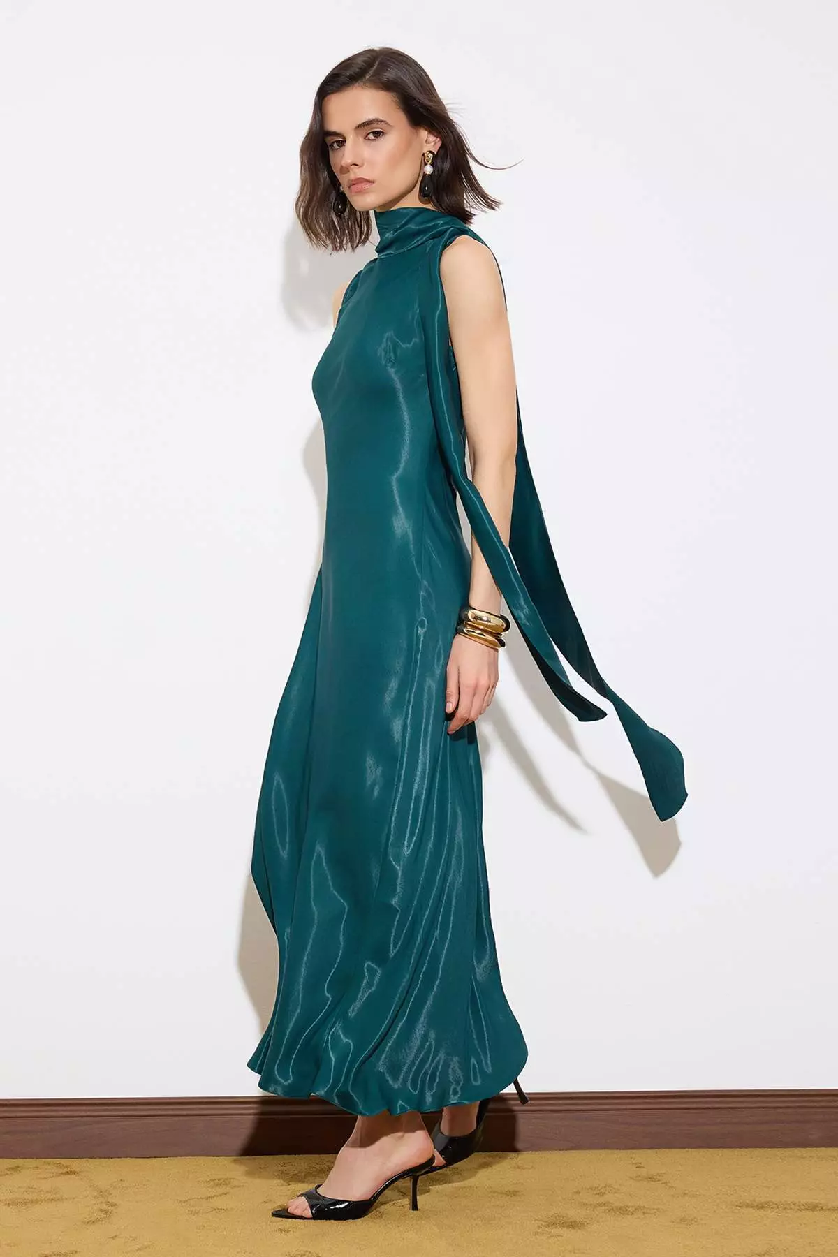 Emerald Green Scarf Detailed Satin Midi Stylish/Evening Dress Tprss26El29