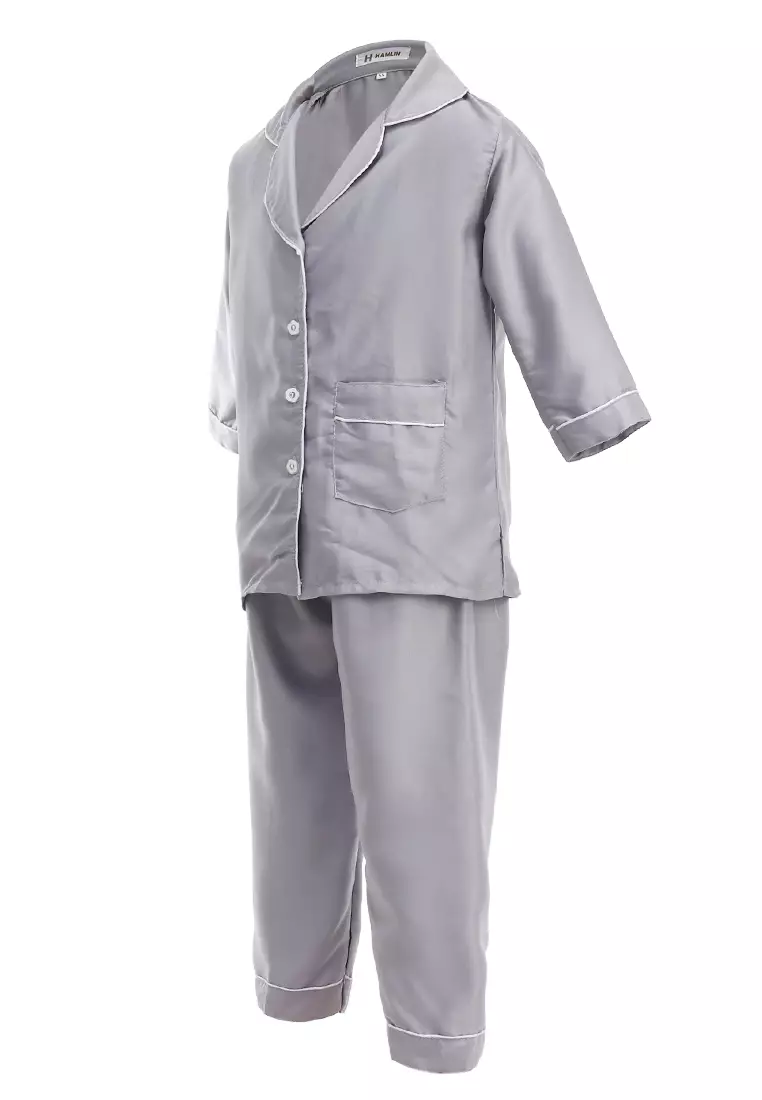 Joyce Piyama Anak Unisex Lengan Panjang Kids Pajamas Motif Polos Material Satin ORIGINAL - Gray