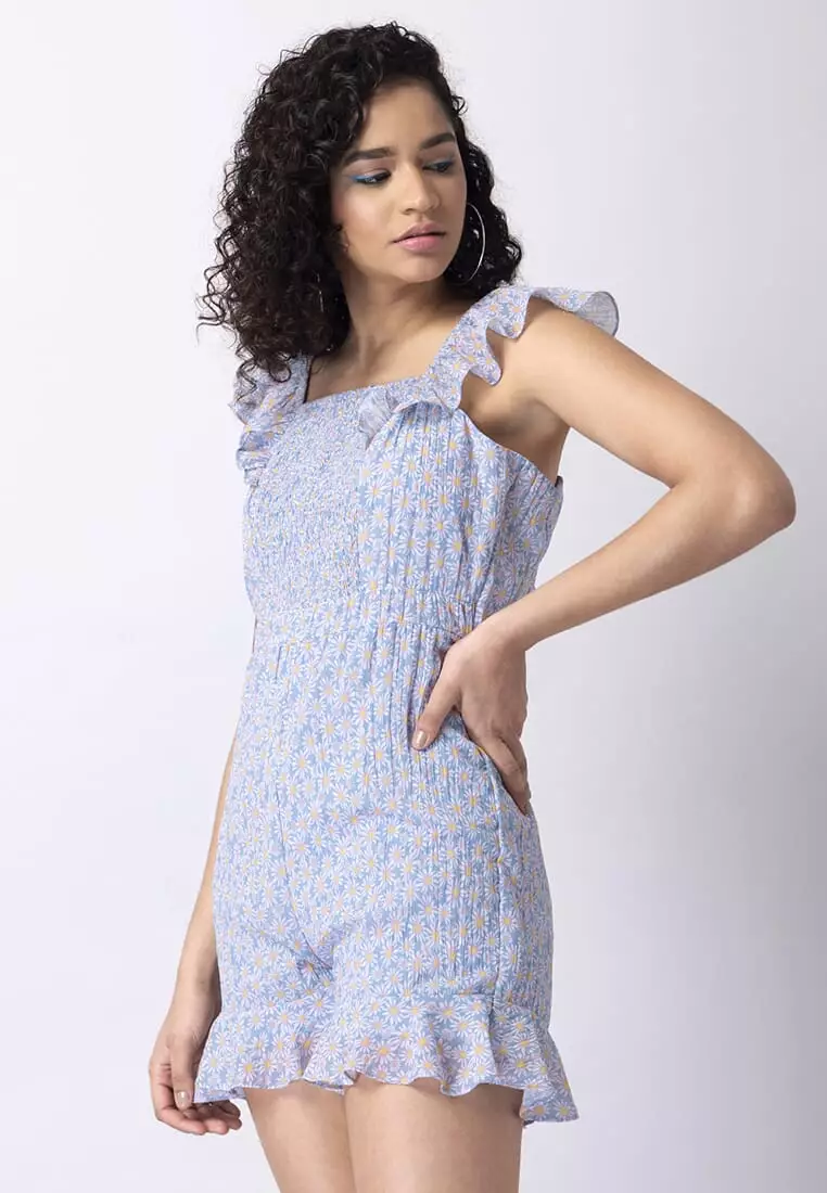 Powder Blue Floral Smocked Ruffled Playsuit