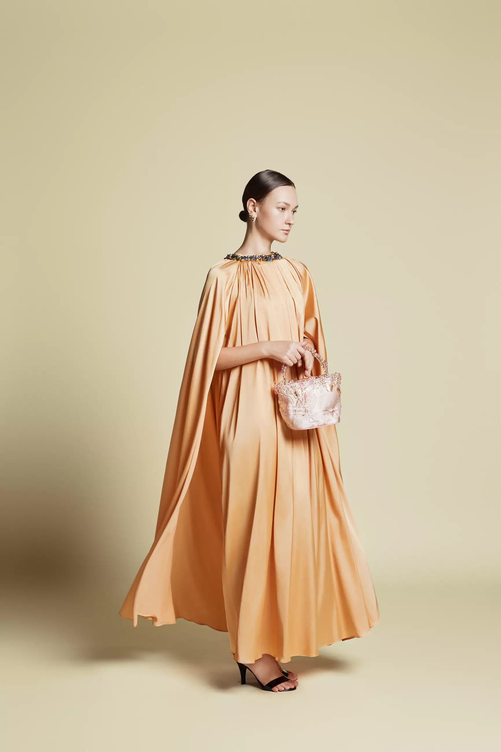 Demure Signature - Crystal Embellished Cape Kaftan in Italian silk Twill Light Peach - Dress