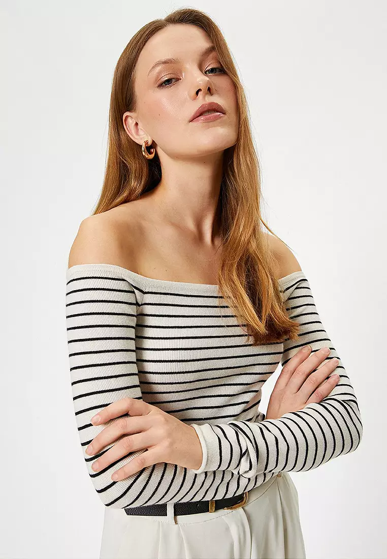 Long Sleeve Boat Neck Off-The-Shoulder Striped Knitwear Sweater