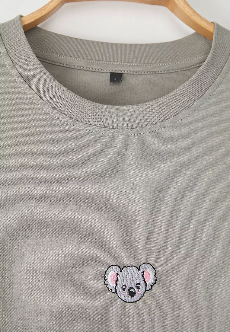 Gray Oversize Koala Embroidered 100% Cotton T-Shirt Tmnss23Ts00243
