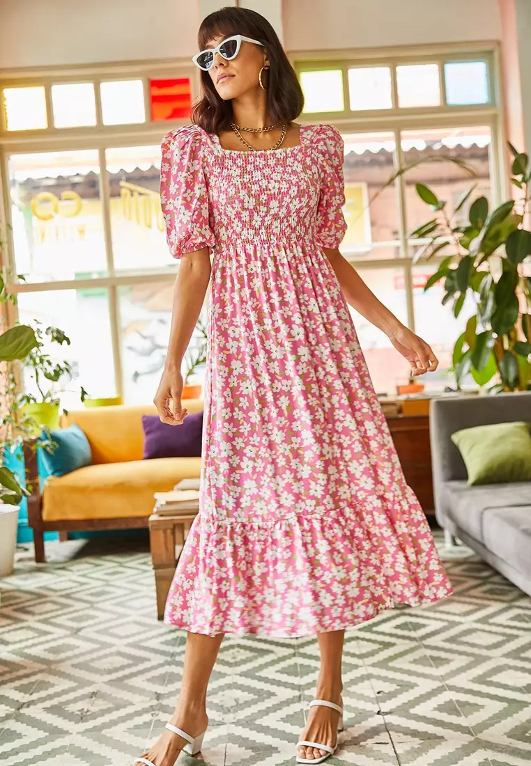 Floral Shirring Midi Dress