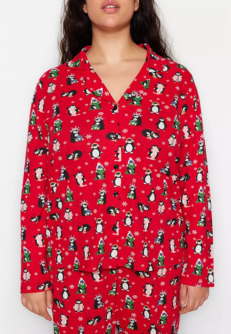 New Year's Themed Red Knitted Pajamas Set - Shirt Collar Tbbaw24Ai00002