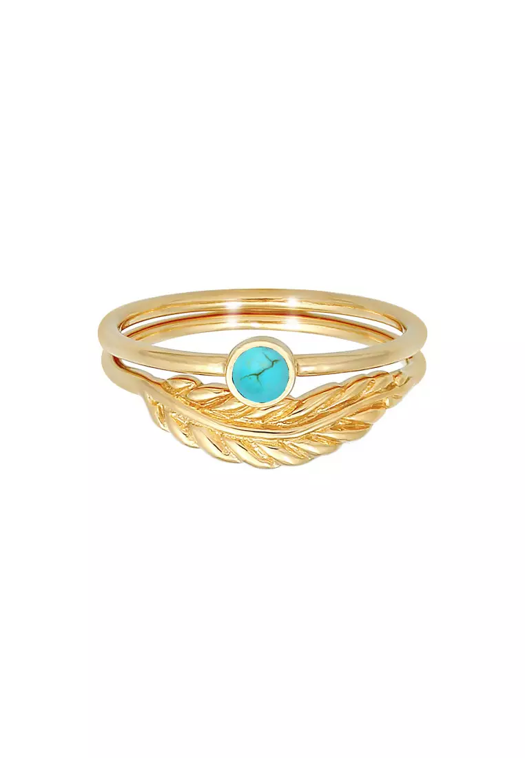 Cincin Perhiasan Perak 925 Wanita Set Feather Howlite Turquoise Gold Plated