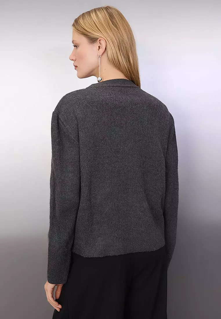 Anthracite Soft Texture Accessory Detailed Knitwear Sweater