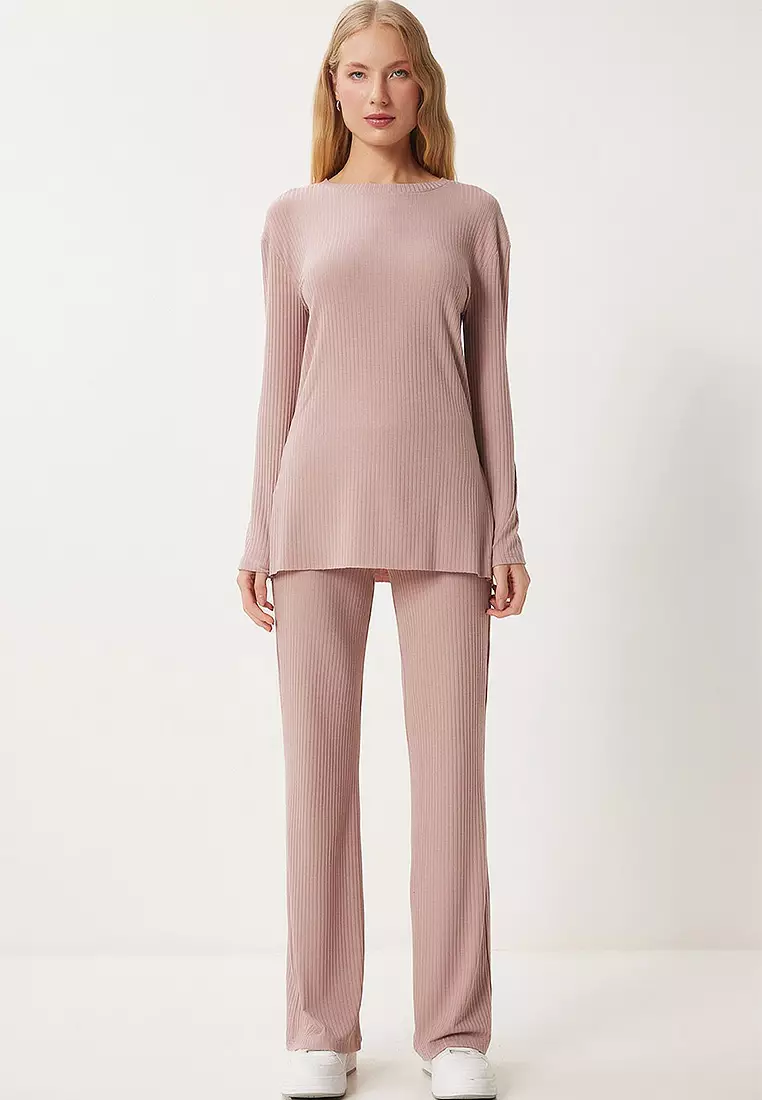 Comfortable Ribbed Knitted Blouse Trousers Set