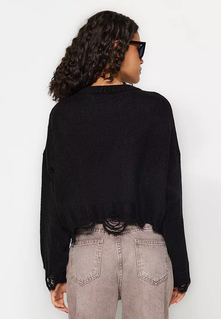Black Crop Wide Pattern Soft Textured Flowing Detailed Knitwear Sweater Twoaw24Kz00319
