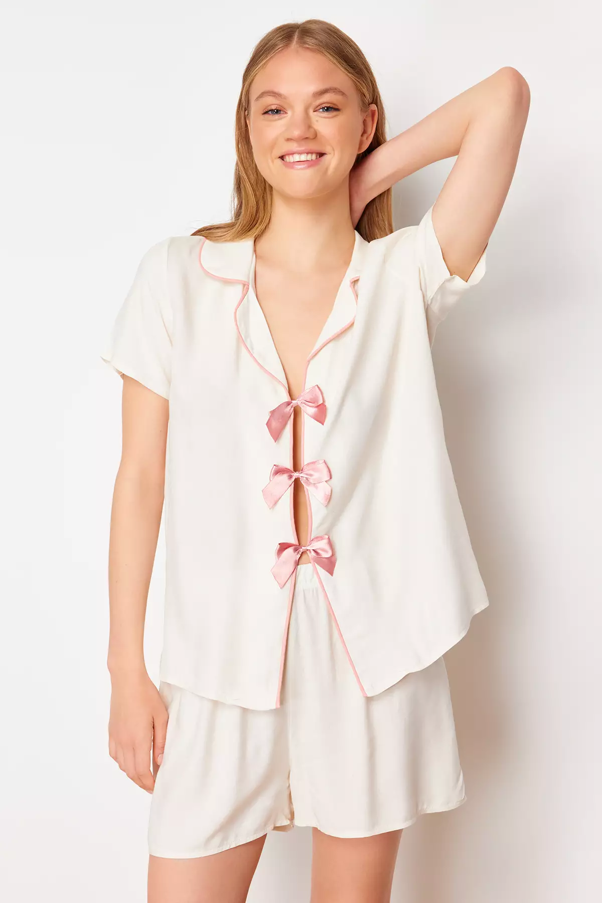 White Ribbon/Bow and Piping Detailed Viscose Shorts Woven Pajama Set THMSS24PT00290