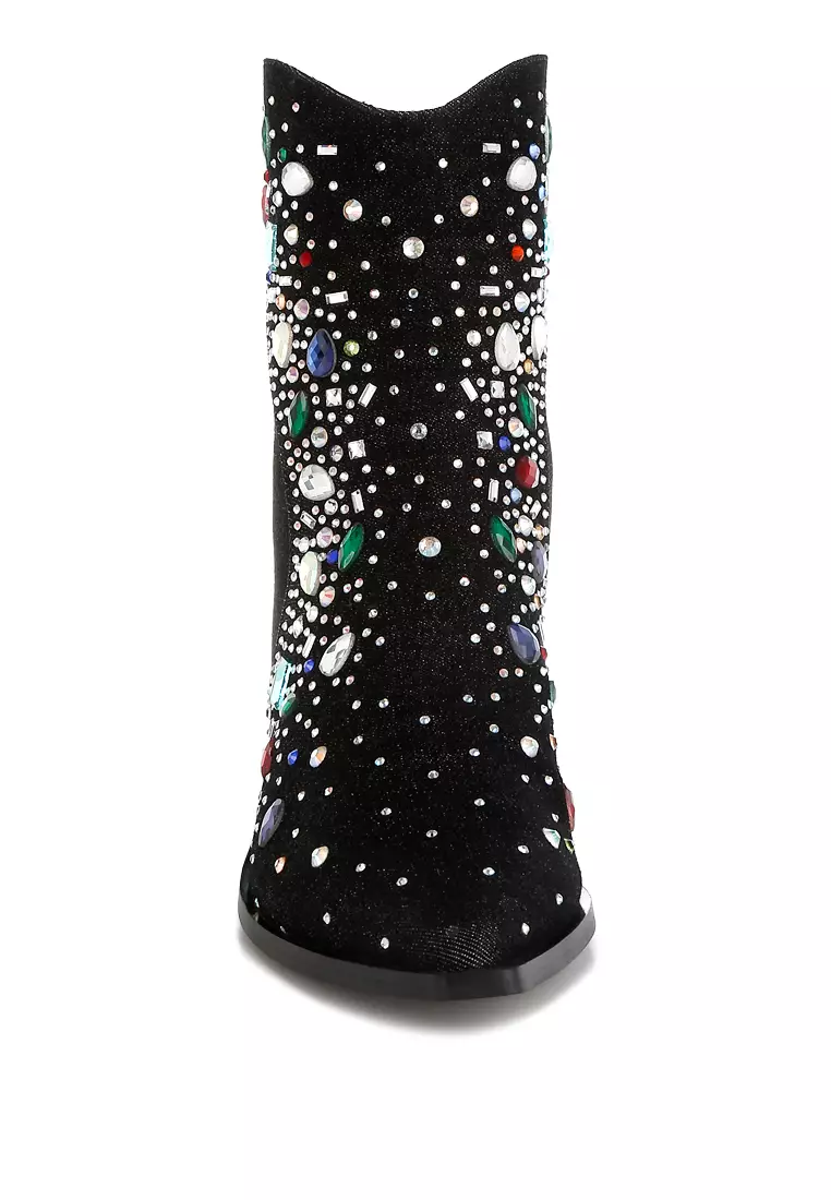 Multi Color Stones Embellished Boots in Black