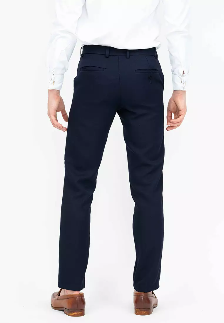 Celana panjang pria slim fit kerja formal button celana bahan stretch navy