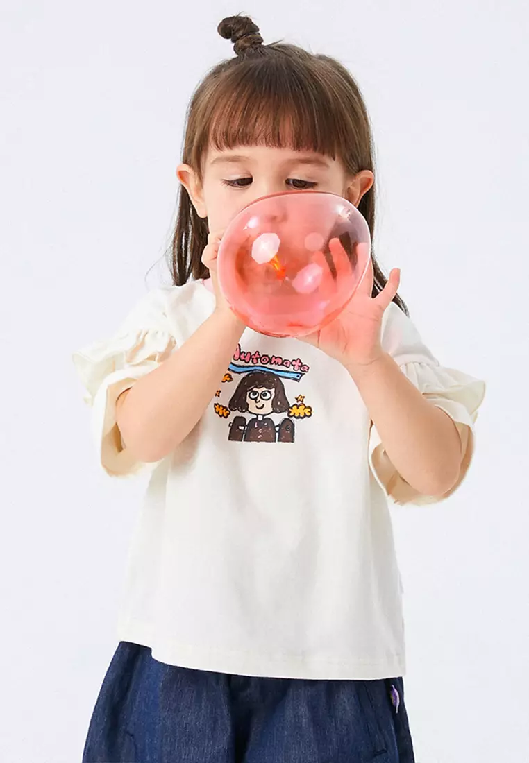 女小童短袖T恤趣味笔触感印花木耳边T恤