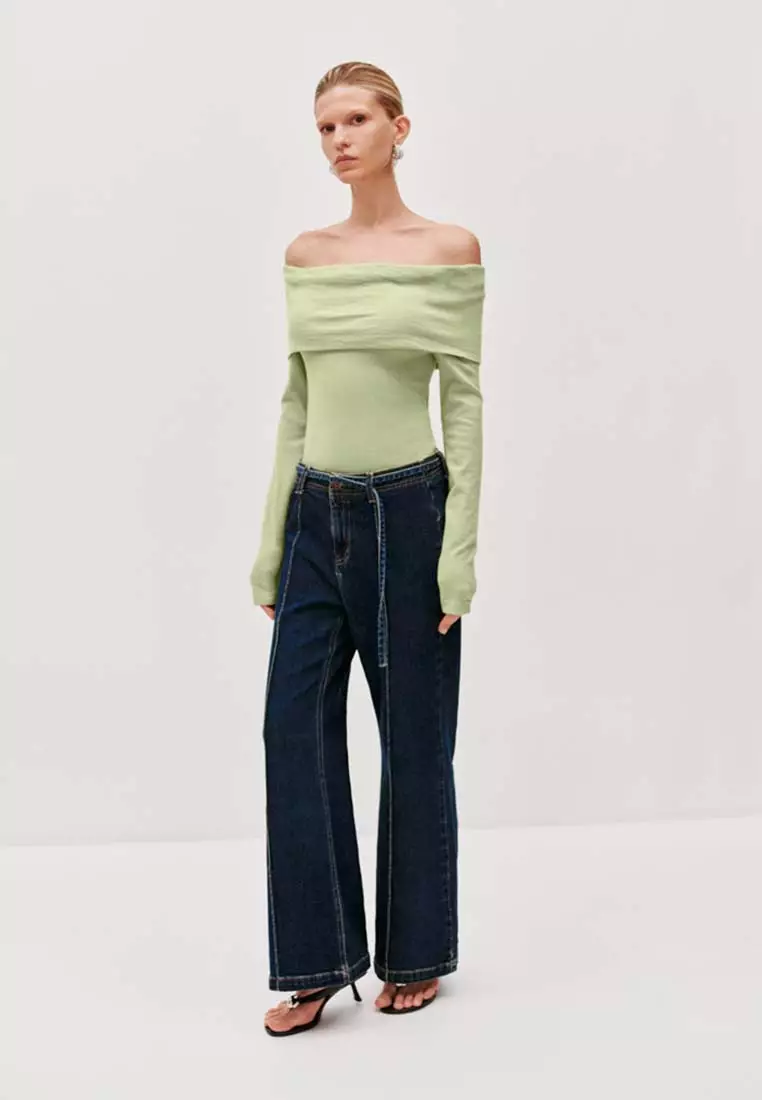 Draped Off-Shoulder Fine Knit Long Sleeve Slim Fit Top
