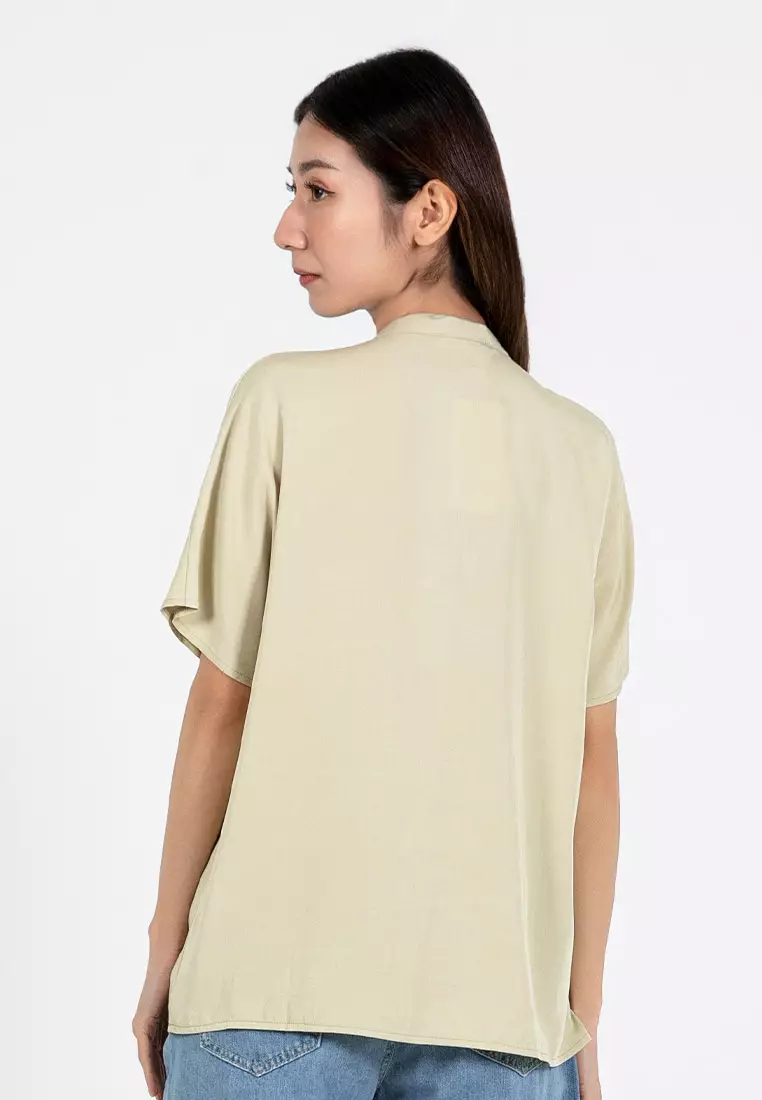 Forest Ladies Rayon Lyocell Band Collar Plain Blouse Women Short Sleeve Blouse - 822415-42LtGreen