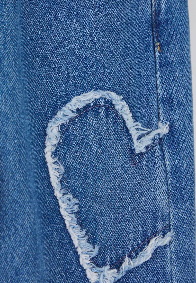 Blue Girl's Wide Leg Heart Pattern 100% Cotton Elastic Denim Pants Tkdaw25Pl0000