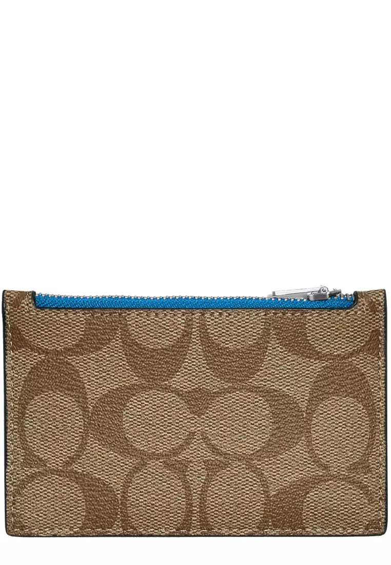 Buy COACH Coach Zip Card Case in Signature Canvas in Khaki/Racer Blue