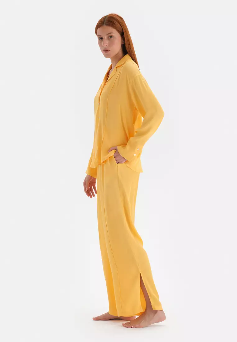 Yellow Shirt, Shirt Collar, Regular, Long Sleeve Sleepwear for Women
