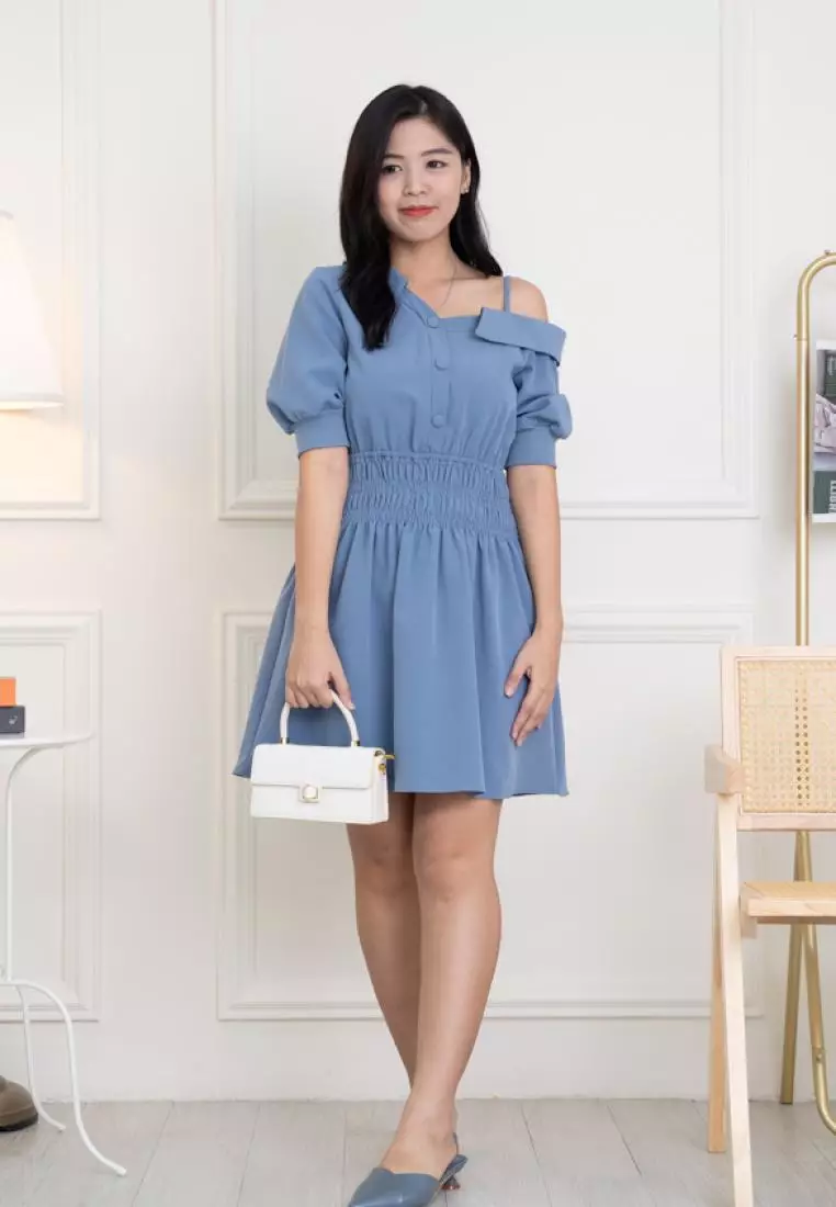 SIDE SHOULDER WITH ELASTICITY WAISTBAND DRESS