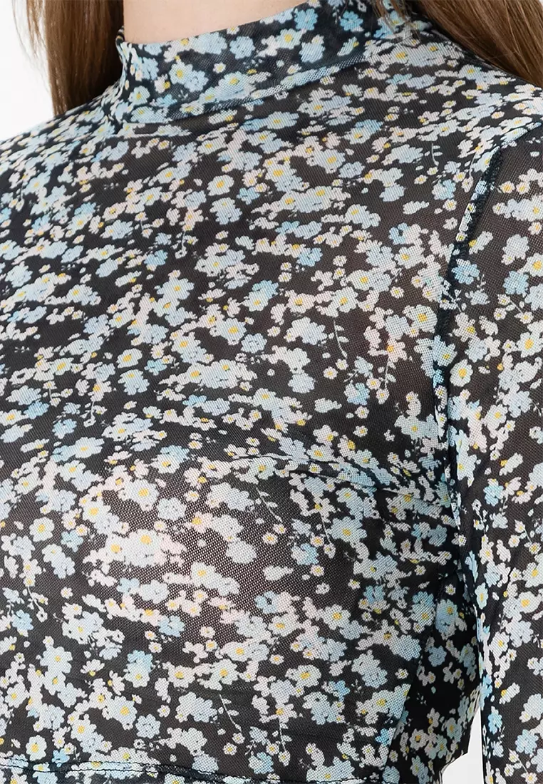 Hourglass Mesh High Neck Long Sleeve Top