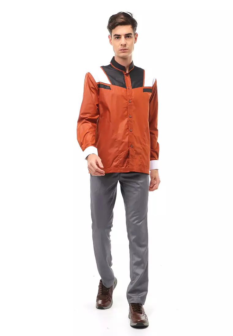 Dwan Atasan Formal Pria Kemeja Koko Simple Design Long Sleeve Material Cotton ORIGINAL - Orange
