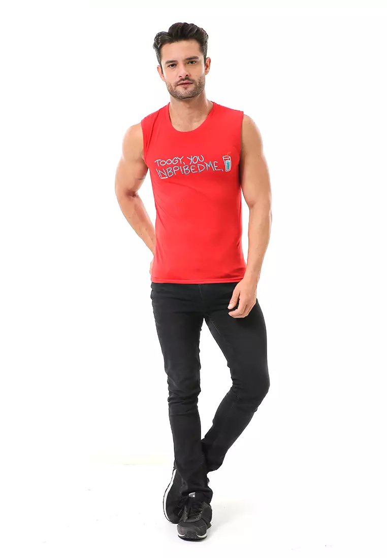 Bobby Atasan Kasual Pria Singlet Motif Toogy You Sleeveless Tshirt Material Cotton ORIGINAL - Red