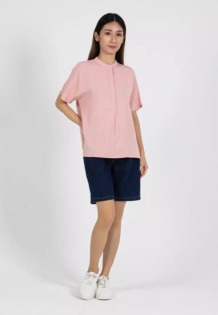 Forest Ladies Rayon Lyocell Band Collar Plain Blouse Women Short Sleeve Blouse - 822415-59LotusPink
