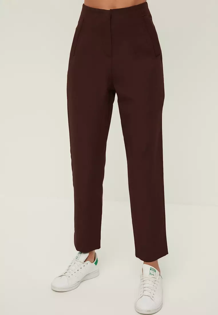 Dark Brown Cigarette Cut Darted High Waist Ankle Length Woven Fabric Trousers TWOSS20PL0515