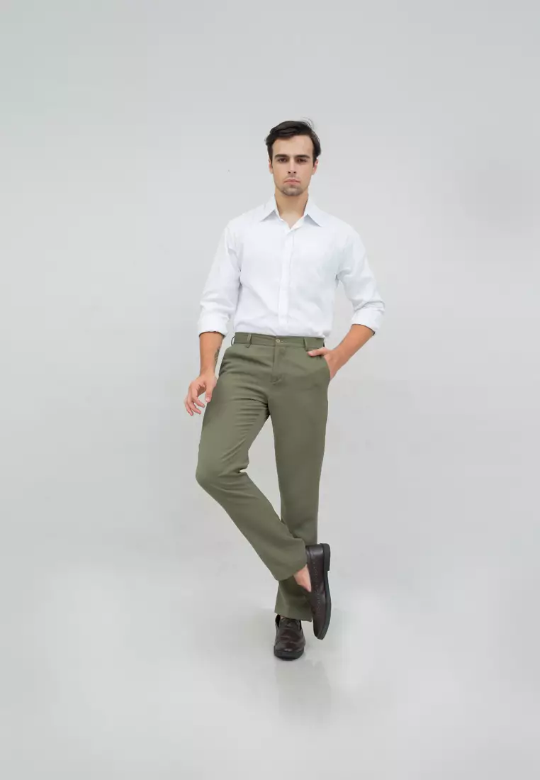 Celana panjang pria kerja formal bahan slim fit PINGGANG KARET Hijau houseofcuff