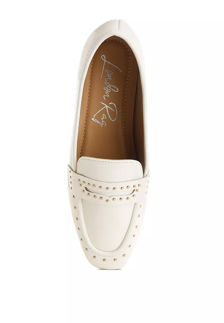 Studded Faux Leather Loafers in White