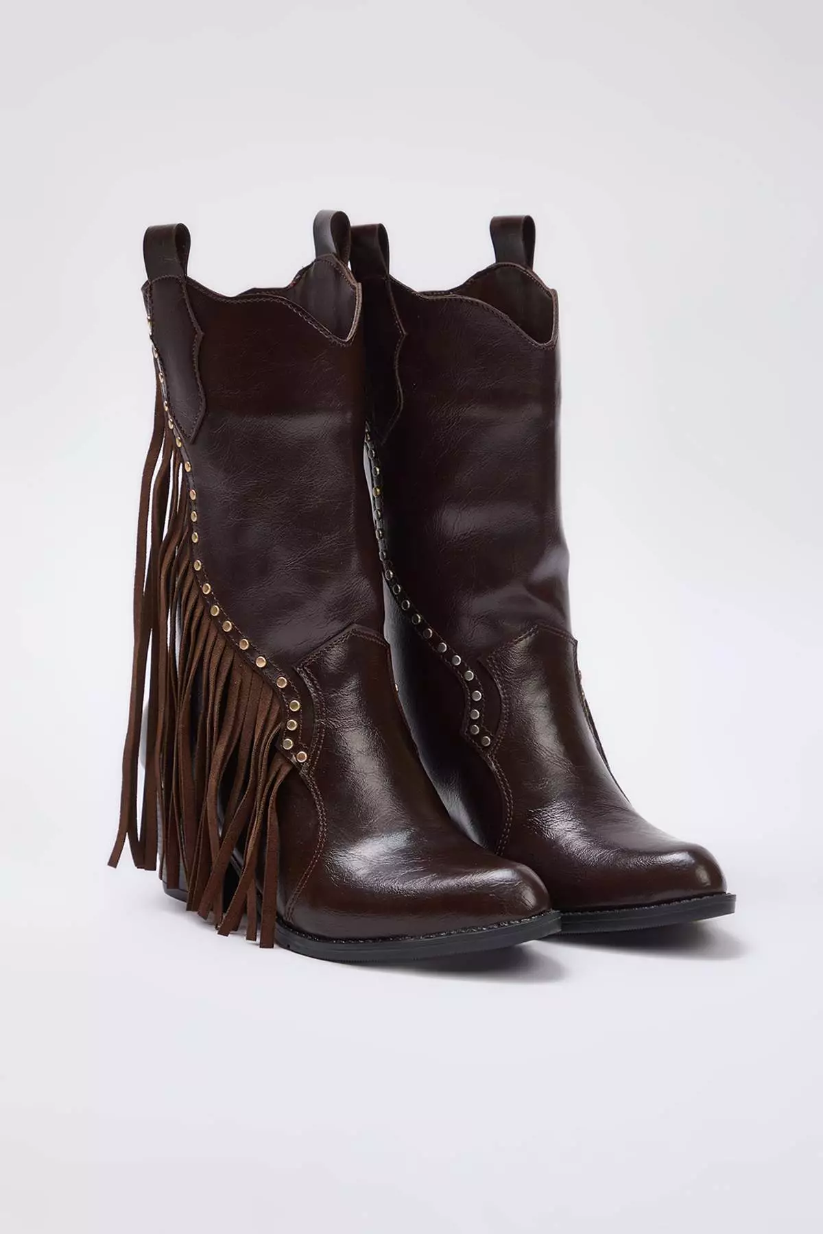 Brown Tassel And Trok Detailed Women'S 6 Cm Block Heeled Cowboy Boots Takaw26Bo00104