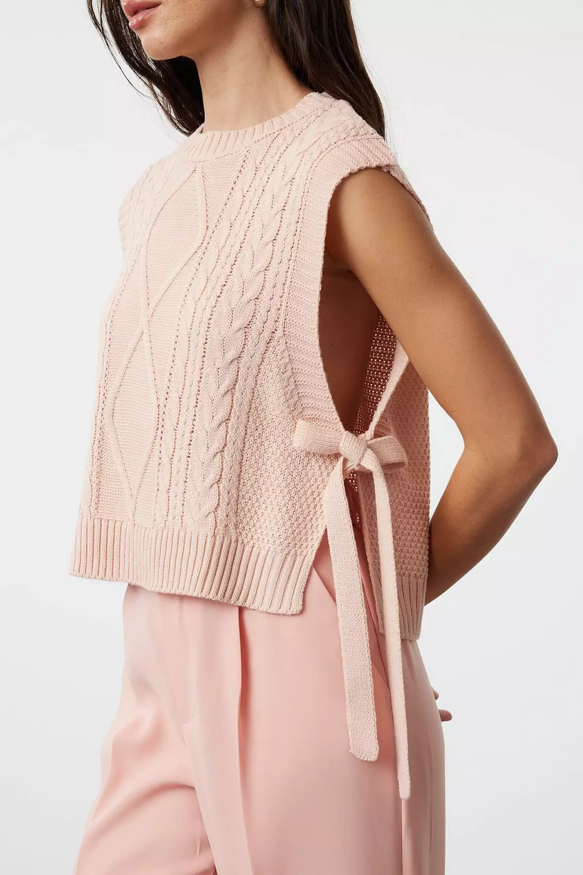 Pink Crop Side Ribbon/Bow Tie Detailed Knit Sweater TWOAW22SV0058