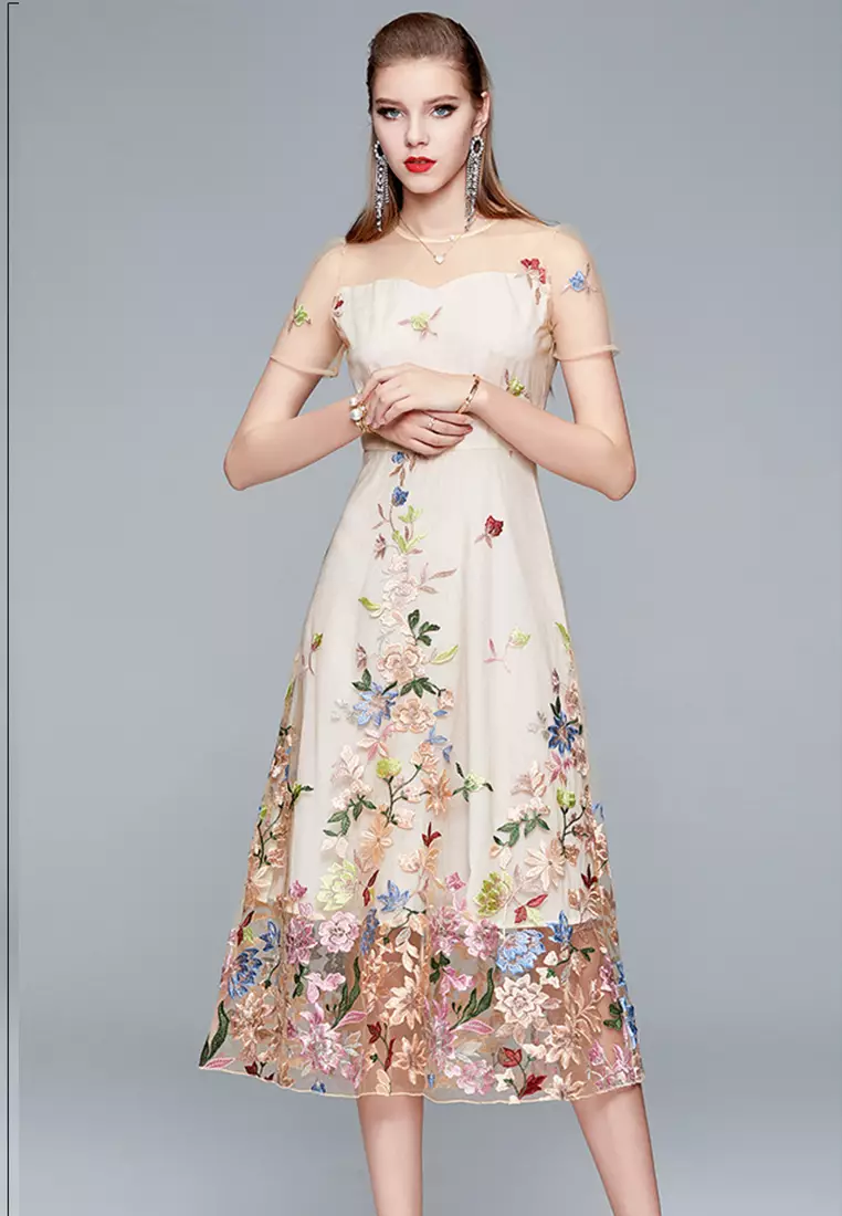 Buy Sunnydaysweety Tulle with Embroidered Floral Midi One Piece Dress ...