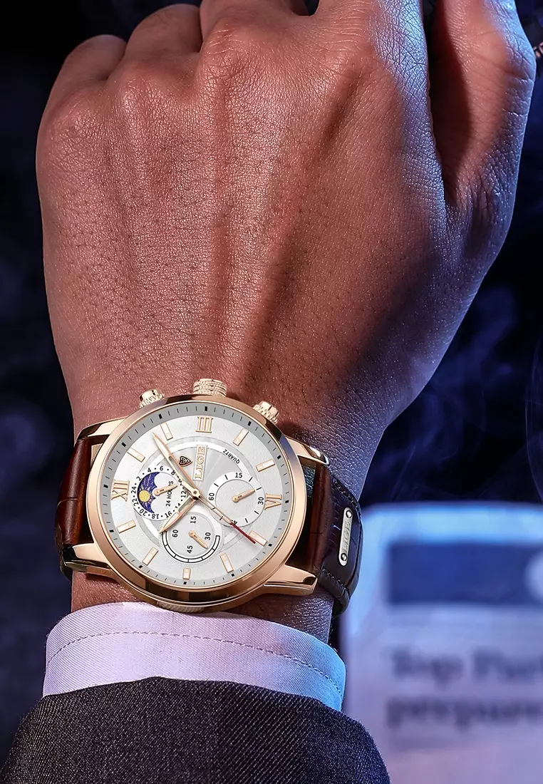 Chronograph, Unisex, IP Rose Gold Stainless Steel Quartz Watch 43mm, white dial, on Brown Leather Strap