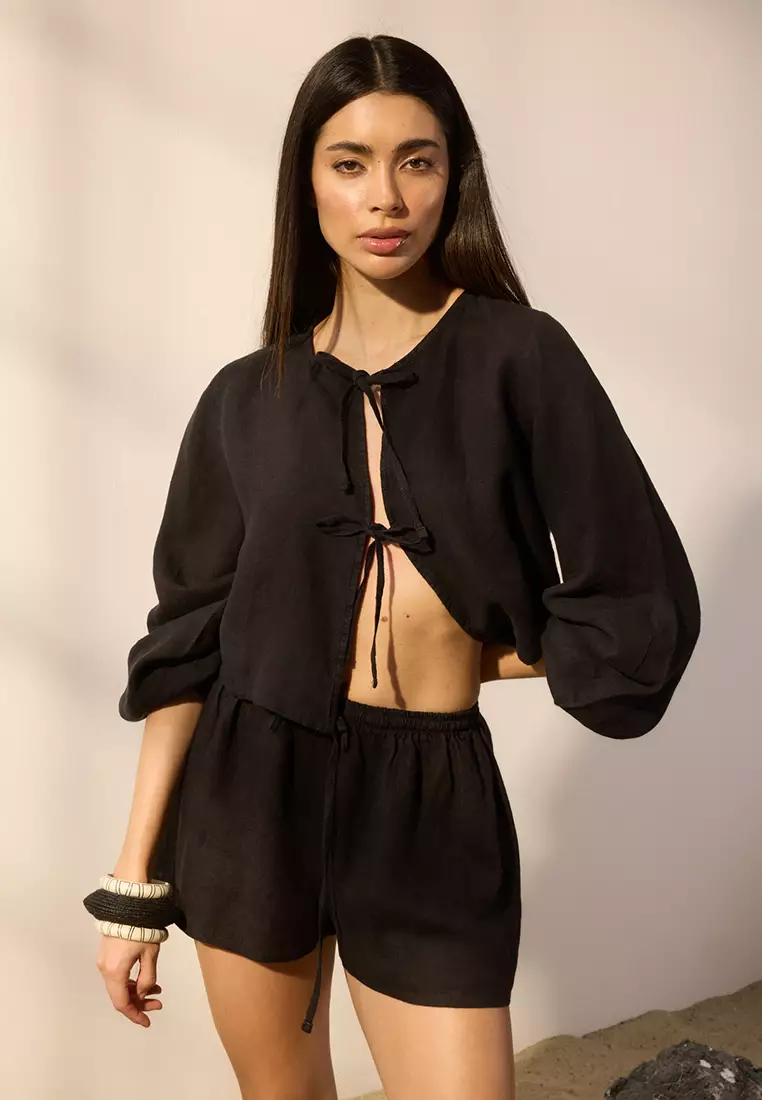 Black Woven 100% Linen Beach Shorts TBESS25SR00013