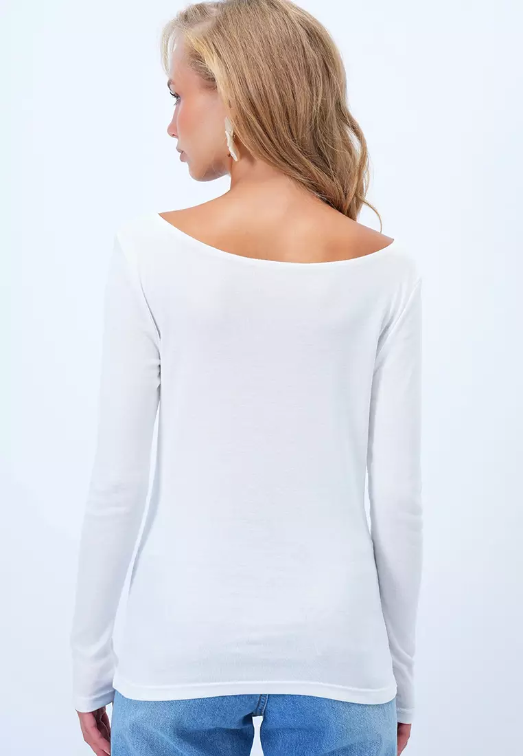 Women's White Boat Neck Basic Blouse Alc-X14395
