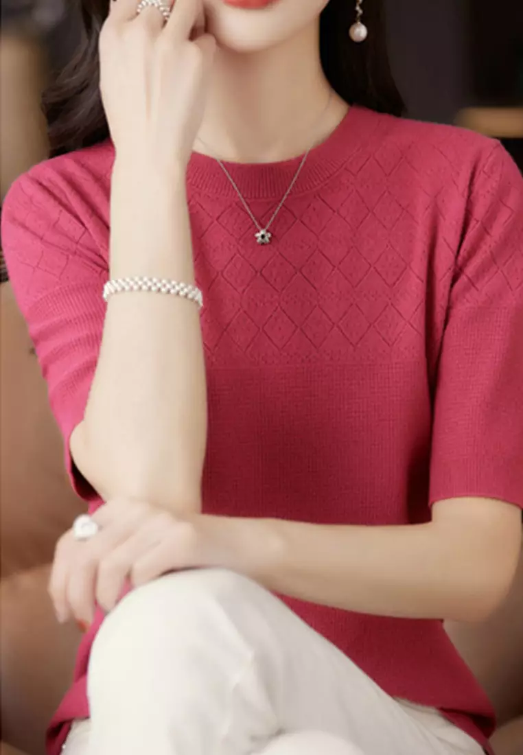 Rhombus Hollow Out Pattern Short Sleeve Knit Top JW QT-291