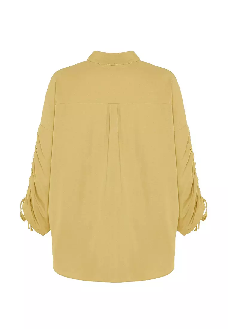 Light Yellow Sleeves with Adjustable Gathering Detail Woven Cotton Shirt TCTSS23TG00011