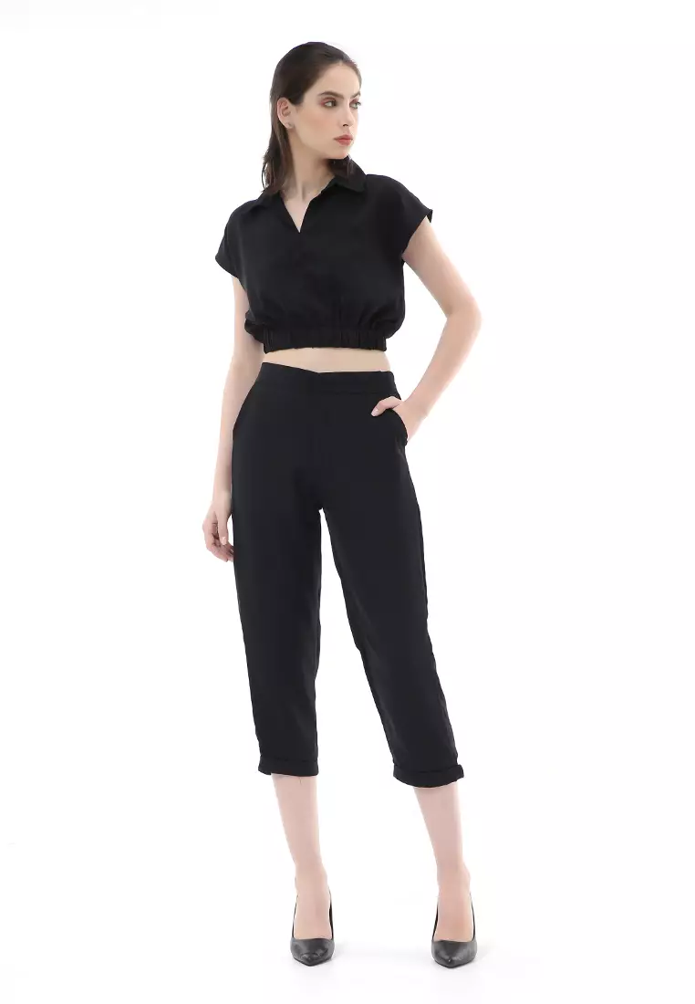 Nayra One Set Setelan Atasan Crop Karet Lengan Pendek Basic Pants Wanita Material Dolce ORIGINAL - Black